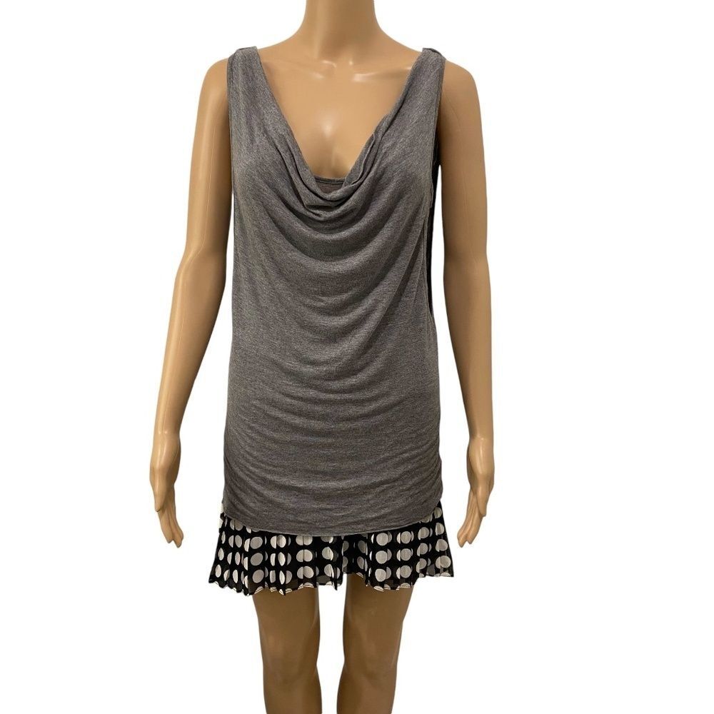 BCBGeneration Layered Cowl Neck Polka Dot Pleated Hem Mini Dress Gray Small S